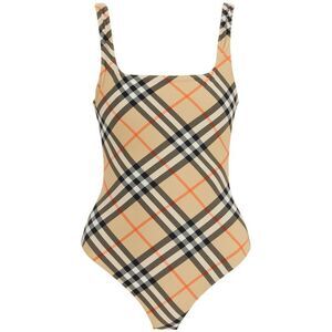 BURBERRY Checked One-Piece Swimsuit Women Beige Beachwear
